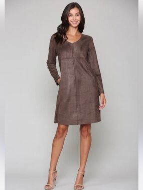 NWT Joh Apparel Aurora V-Neck Suede Dress No Pockets Umber Brown size L
